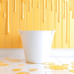 Poster - Bucket Filled With Yellow Color Paint Spills on a Tiled Floor Creative Visual Composition.