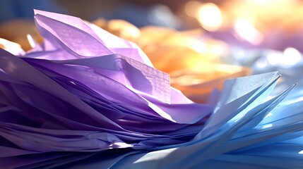 Poster - Colorful Overlapping Paper Arrangement with Ethereal Light and Purple Blue and Yellow Tones.