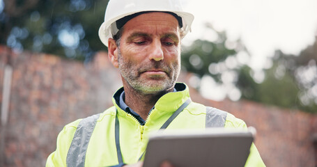 Poster - Construction, man and reading tablet on site for project management, safety compliance and building progress. Engineer, mature person and digital checklist for risk assessment and record information