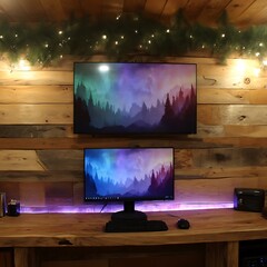 Poster - Computer Setup with Dual Monitors Featuring a Forest Theme on a Wooden Wall Backdrop Design.