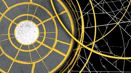 Poster - Concentric Gray Rings with Golden Yellow Radial Lines and Cracked Net on Black Background Abstract.