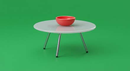 Poster - Red bowl sitting on a glossy white table against a vibrant green background, creating a minimalist and clean aesthetic