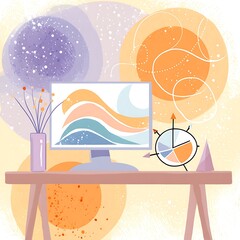 Poster - Data Visualization on Computer Screen with Pie Chart Presentation on Table Artistic Design