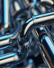Poster - Abstract industrial design showcasing a network of interconnected chrome pipes with smooth reflections and a technical aesthetic