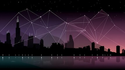 Poster - Digital Metropolis Connection Silhouetted Skyline Network Architecture Visualization Illustration.