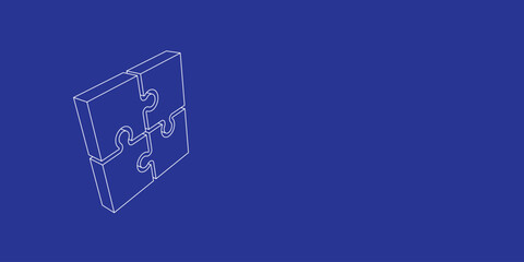 Poster - The outline of a large puzzle symbol made of white lines on the left. 3D view of the object in perspective. Vector illustration on indigo background