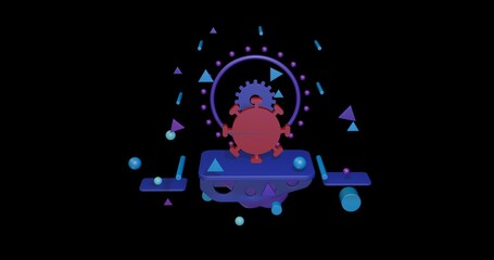 Poster - Red coronavirus symbol on a pedestal of abstract geometric shapes floating in the air. Abstract concept art with flying shapes in the center. 3d illustration on black background