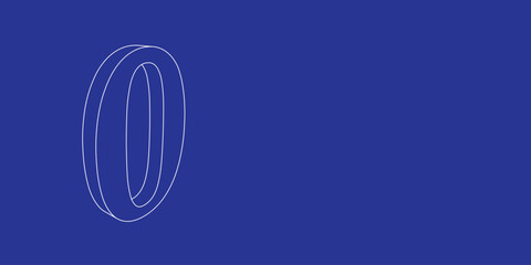 Poster - The outline of a large number zero symbol made of white lines on the left. 3D view of the object in perspective. Vector illustration on indigo background