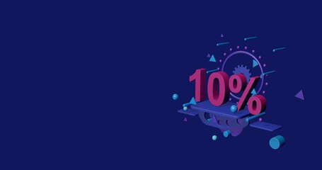 Poster - Pink 10 percent symbol on a pedestal of abstract geometric shapes floating in the air. Abstract concept art with flying shapes on the right. 3d illustration on indigo background