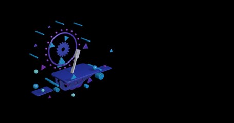 Poster - White fork on a pedestal of abstract geometric shapes floating in the air. Abstract concept art with flying shapes on the left. 3d illustration on black background