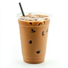 Poster - Refreshing iced coffee with ice cubes in a plastic cup on a white background perfect for a summer day studio shot