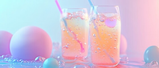 Poster - Refreshing sparkling drink in glass with straw and bubbles on pastel background for summer mood