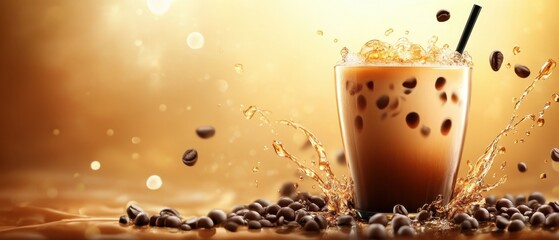 Poster - Iced coffee splash with straw and coffee beans on golden background a refreshing drink for summer with a creamy texture and inviting aroma in studio shot