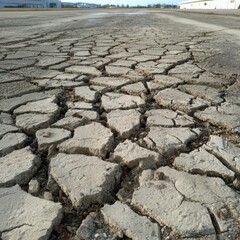 Poster - Cracked concrete surface under sunlight creating a textured pattern with buildings in background