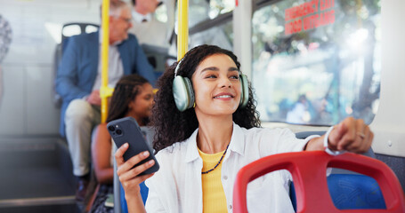 Poster - headphones, cellphone and woman on bus for travel with communication, contact or network for univers