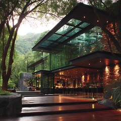 Poster - Enchanting Evening at a Modern Glass House Among Lush Trees with Soft Illumination and Reflections.