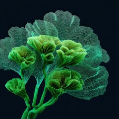 Poster - Abstract botanical artwork of luminous green flowers and intricate leaf veins against a dark background