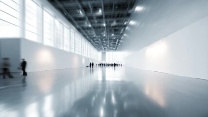 Poster - Modern Hallway with Motion Blur: A long, modern hallway in a minimalist style. People in motion blur add a sense of life and scale to the architecture.