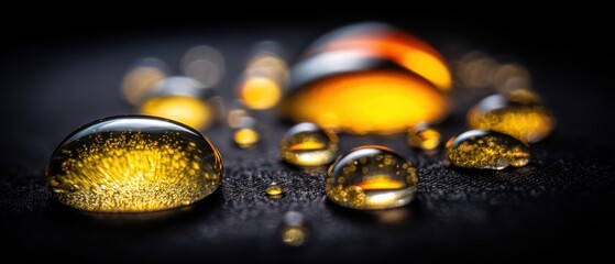 Poster - Macro shot of water droplets with golden light reflections on a dark surface creating a captivating abstract scene