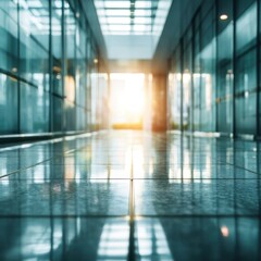 Poster - Bright sunlight illuminating a modern office corridor with glass walls and shiny floor creating a clean and professional atmosphere