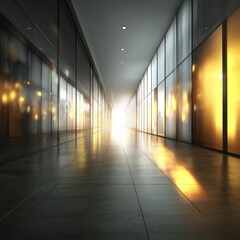 Poster - Modern Office Hallway with Sunlight Streaming Through Glass Windows Creating a Bright and Inviting Atmosphere for Business
