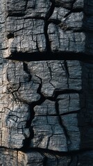 Poster - Macro Shot of Charred Wood Texture Revealing Intricate Patterns and Deep Cracks in Burnt Surface Detail
