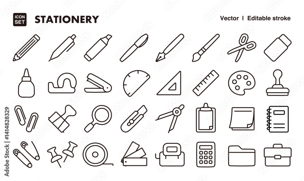 Stationery line icon set. Vector editable stroke icon. Stock Vector ...
