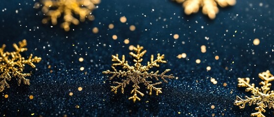 Poster - Golden snowflakes on a dark blue glitter background creating a festive and elegant winter holiday season mood with a shallow depth of field and a macro lens