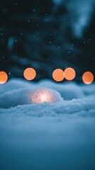Poster - Winter night scene featuring snow covered landscape with warm light and blurred bokeh background