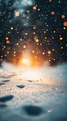 Poster - Ethereal winter scene with falling snow and golden light creating a magical and serene atmosphere for Christmas holiday