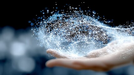 Fototapete - Futuristic Hand Holding Digital Network Connection Structure Concept Visualization Art.
