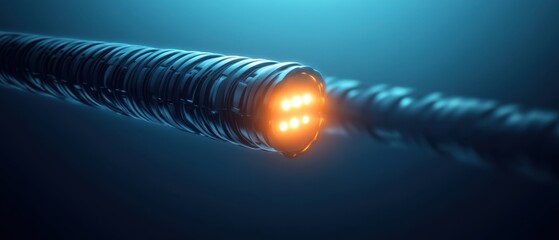 Poster - Futuristic data cable with glowing core conveying high speed connection and modern technology concept for digital transmission and innovation in dark blue background
