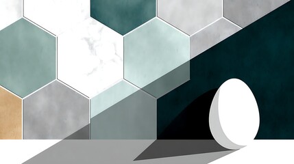 Poster - Geometric Harmony Hexagon Tiled Surface and Smooth White Egg in Modern Light and Shadow Composition.