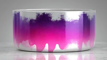 Poster - Glossy Container with Dripping Purple and Pink Watercolor Effect in a Studio Setting