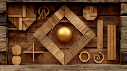 Poster - Golden Sphere in Wooden Geometric Composition Texture Background with Abstract Symbolic Elements.
