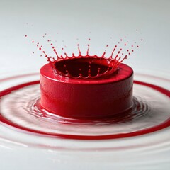 Poster - Vibrant splash of red liquid on a cylindrical form creating a dynamic crown in a minimalist setting
