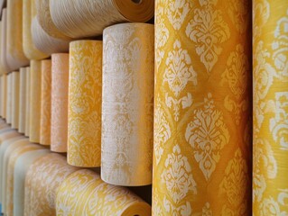 Poster - Elegant wallpaper rolls in shades of yellow and beige displaying intricate damask patterns and textures for interior design projects and home decor inspiration