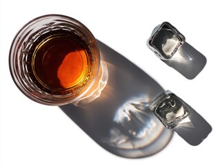 Poster - Top view of whiskey in a glass with two ice cubes casting shadows on a white surface creating a clean aesthetic