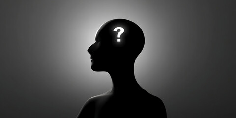 Poster - Silhouette of head with question mark inside, representing uncertainty, inquiry, or problem-solving, suitable for websites or presentations on thought processes