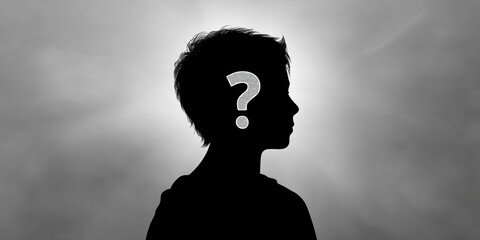 Poster - Silhouette of person profile, question mark superimposed on head, gray background, suggesting uncertainty, questioning, or identity concept