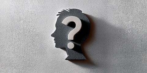 Poster - Side profile of dark gray head silhouette with a large white question mark, set against a textured gray background, symbolizing inquiry, doubt, or uncertainty
