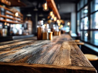 Poster - Rustic wooden counter at a blurred coffee shop with warm lighting and a cozy atmosphere perfect for background or product display