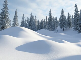 Poster - Serene winter landscape with snow covered hills and majestic pine trees under a bright sky creating a peaceful and scenic view