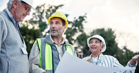 Poster - People, contractor and group with blueprint at construction site for floor plan, discussion and building development. Architect, documents and talk, inspection and teamwork for industrial project