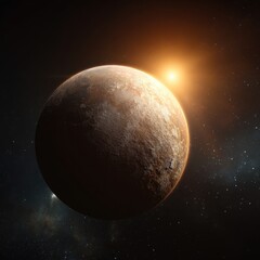 Wall Mural - Dramatic planet in deep space with a distant sun casting a warm glow on its textured surface