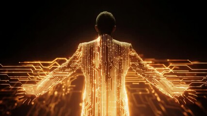 Poster - Digital Embrace: A luminous humanoid figure with circuits across his body spreads his arms towards a black background, capturing the essence of technological innovation and the power of connectivity.