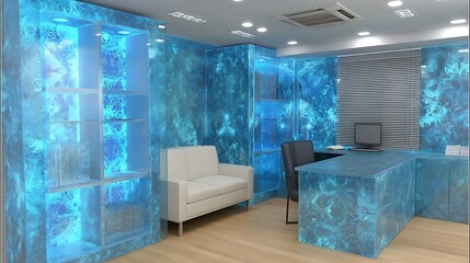 Poster - Luminescent Office Interior Design with Modern Blue Theme and Minimalist Furniture Arrangement.