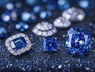 Poster - Exquisite Collection of Blue Gemstones Sparkling on a Glittering Dark Blue Surface Capturing Luxury and Elegance in a Close Up Shot