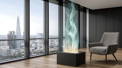 Poster - Modern Apartment Interior with View of City Skyscraper and Futuristic Fireplace Design Element.