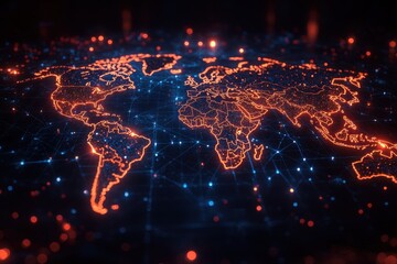 Poster - Global network connections displayed through a vibrant digital map illustrating world geography and data flow